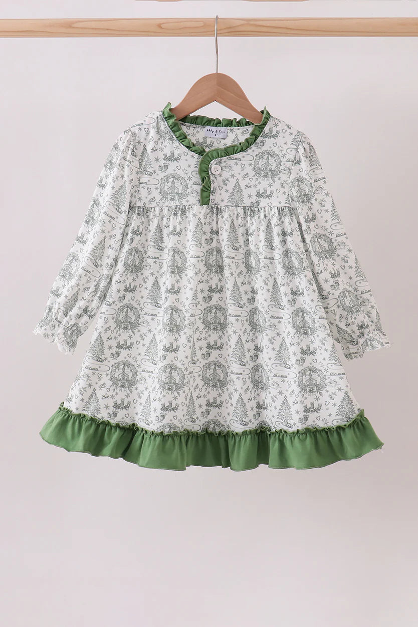 Girls Green Christmas Tree Print Ruffle Gown