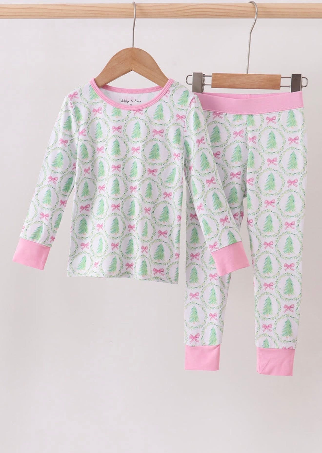 Girls Pink Christmas Tree Bamboo Pajama Set