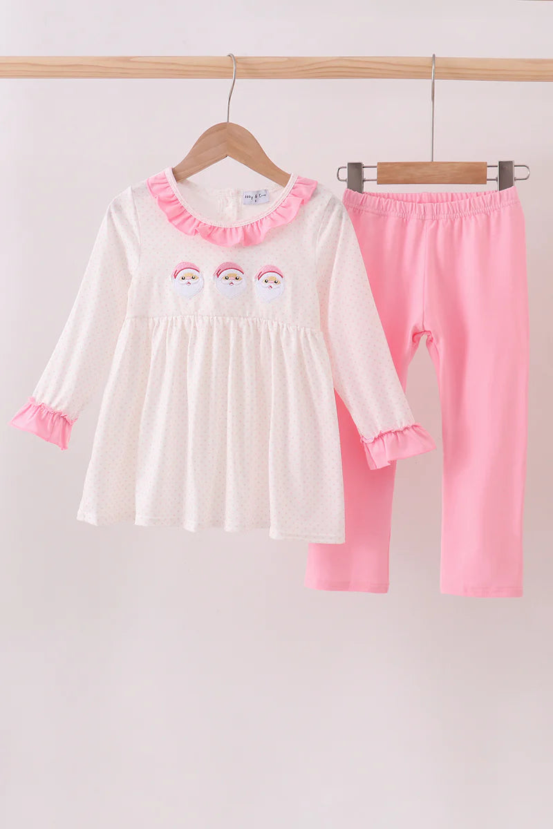 Girls Pink Santa Claus Embroidery Ruffle Pants Set