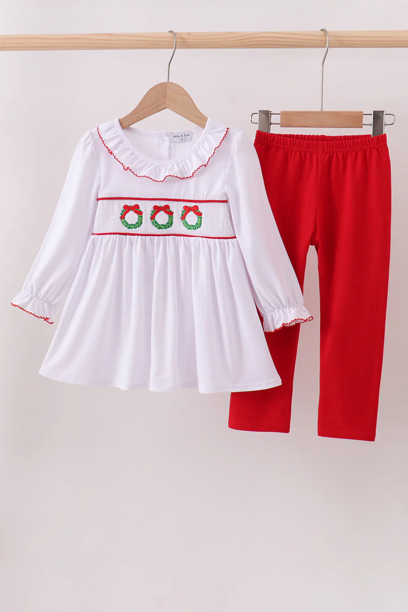 Girls White Wreath Smocked Ruffle Pants Set