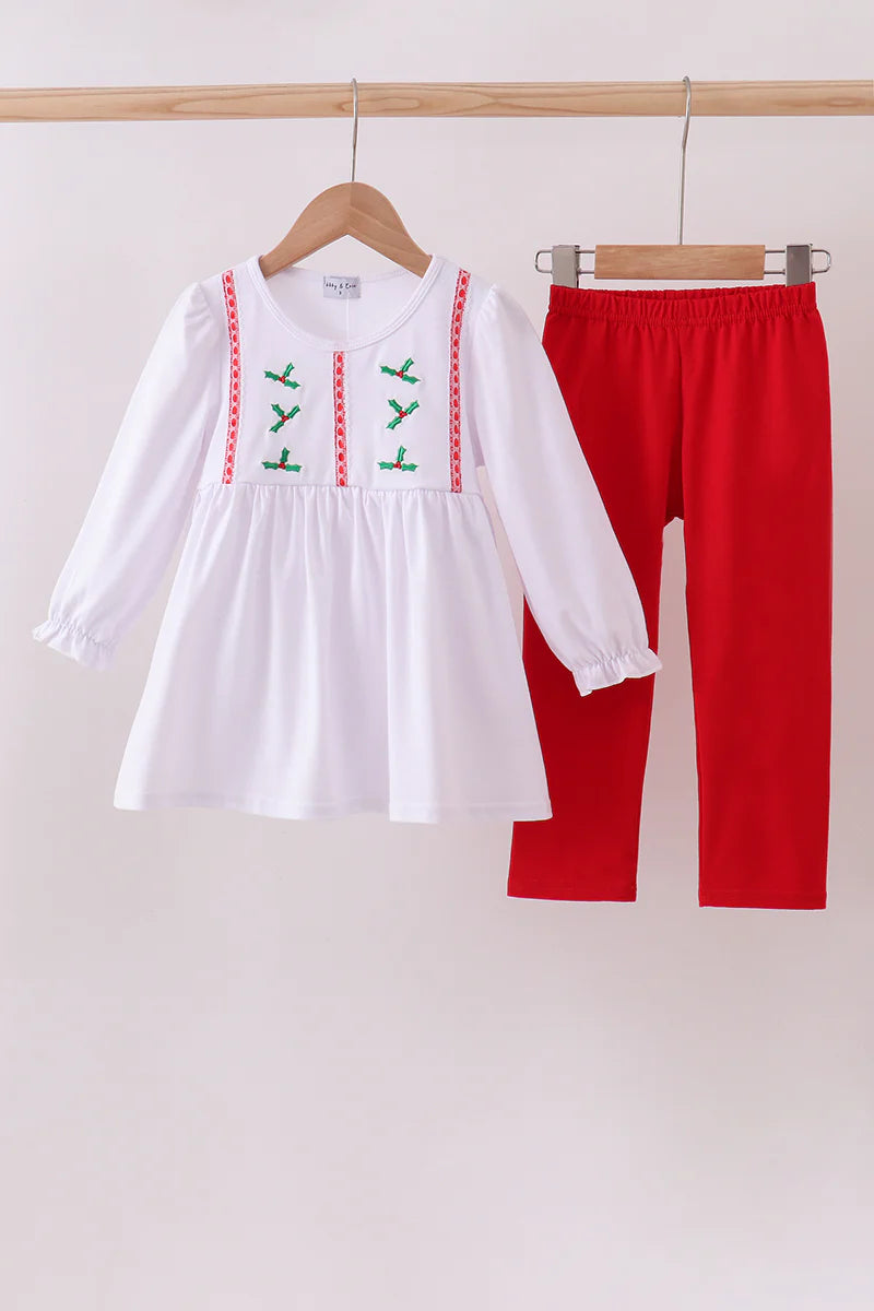 Girls White Holly Embroidery Pants Set