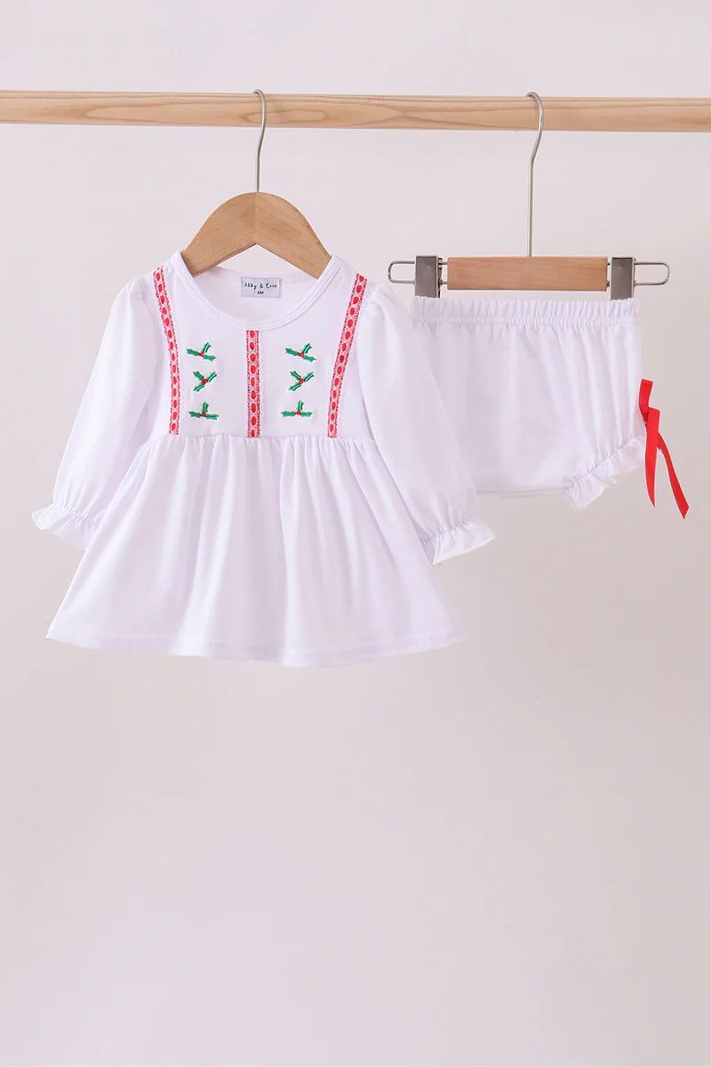 Girls White Holly Embroidery Bloomer Set