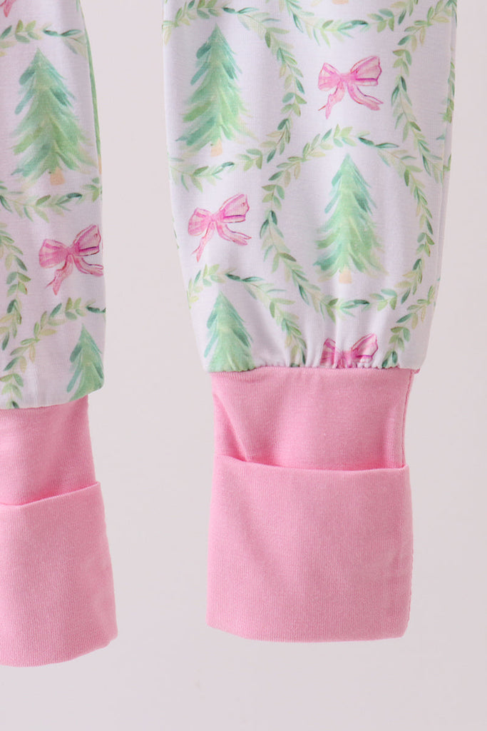 Girls Christmas Bow Bamboo Zipper Ruffle Romper