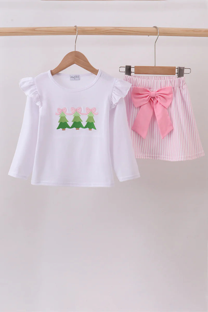 Girls Pink Christmas Tree Embroidery Skorts Set