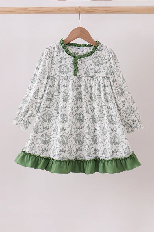Girls Green Christmas Tree Print Ruffle Gown