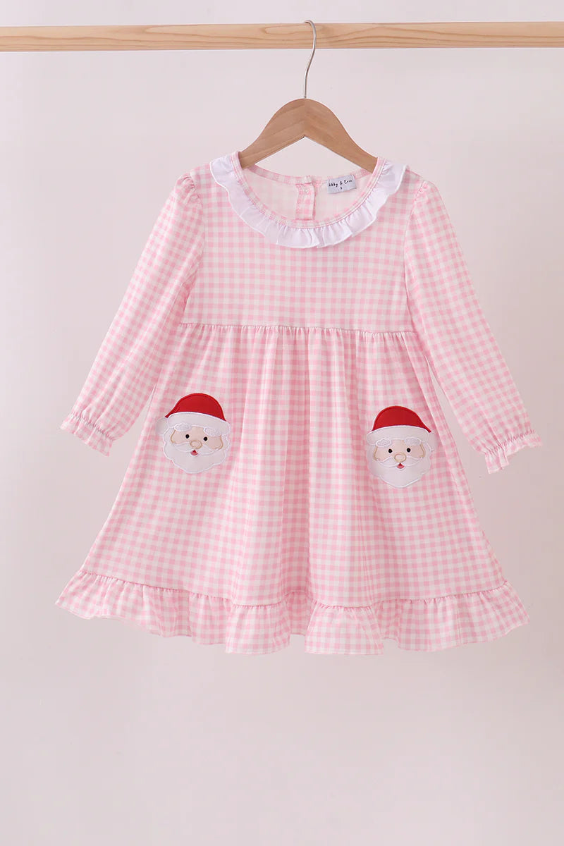 Girls Pink Santa Claus Appliqué Ruffle Dress