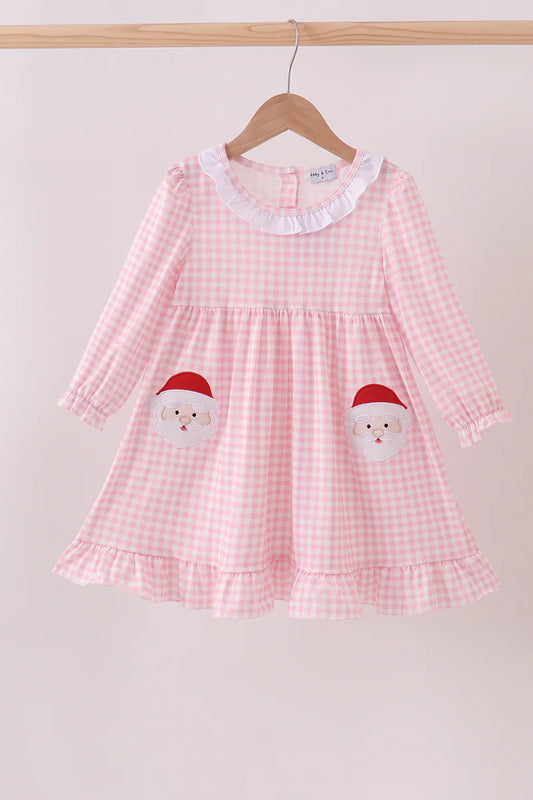 Girls Pink Santa Claus Appliqué Ruffle Dress