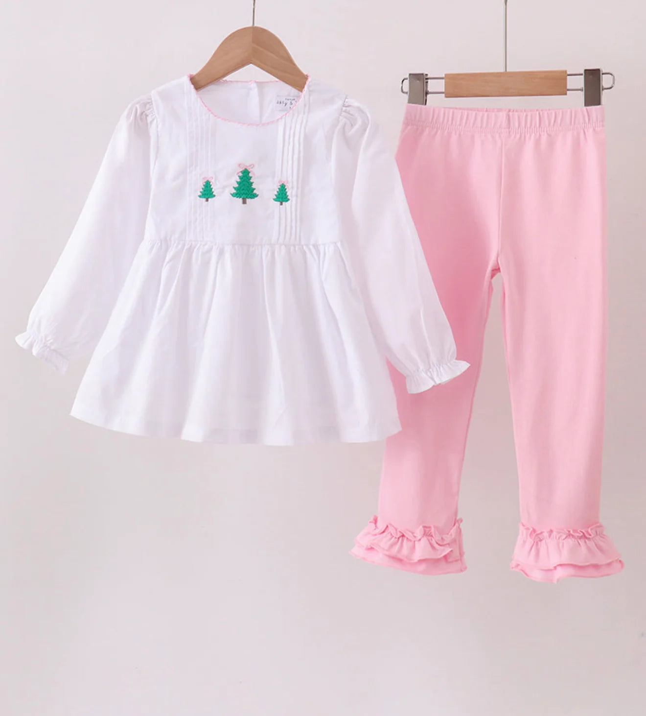 Girls Premium White Christmas Tree Embroidery Ruffle Pants Set
