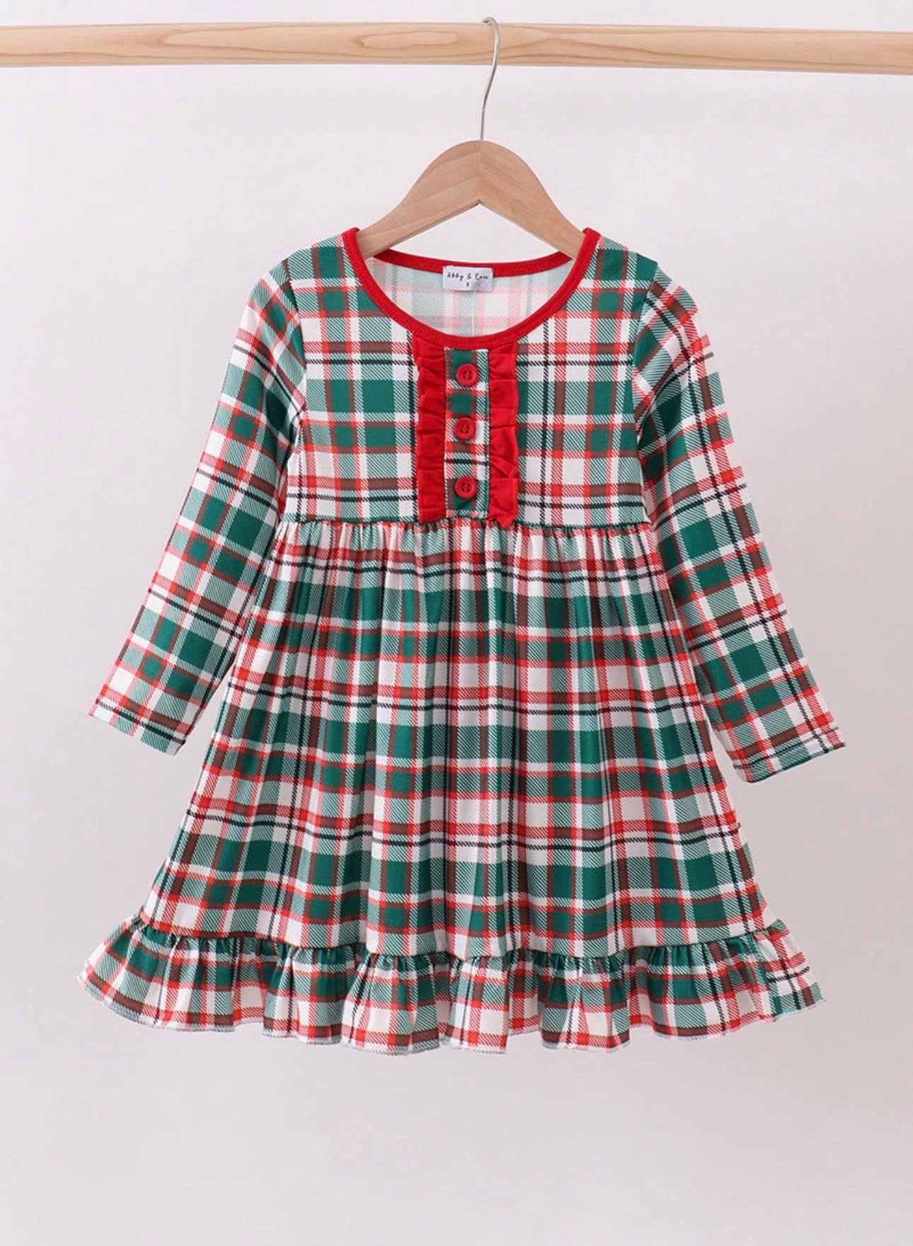 Girls Green Plaid Ruffle Dress