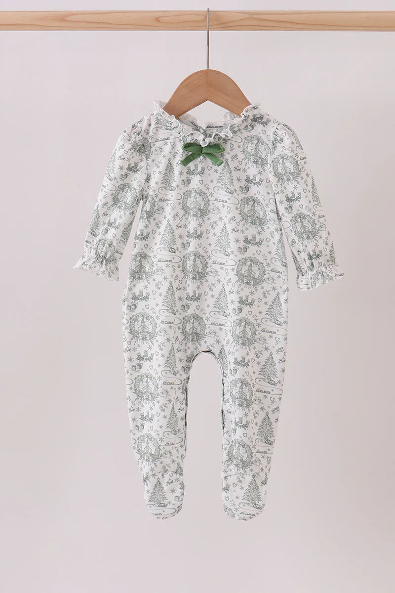 Girls Green Christmas Tree Print Ruffle Romper