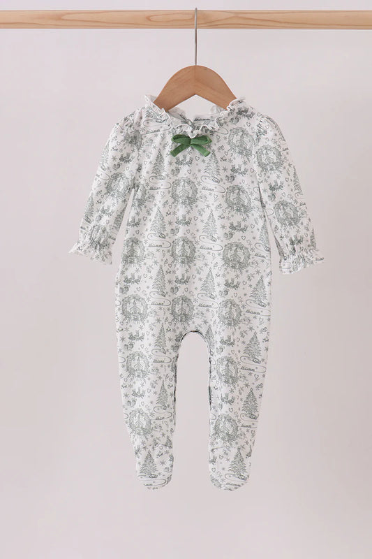 Girls Green Christmas Tree Print Ruffle Romper
