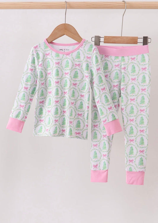 Girls Pink Christmas Tree Bamboo Pajama Set