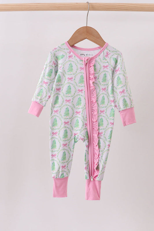 Girls Christmas Bow Bamboo Zipper Ruffle Romper