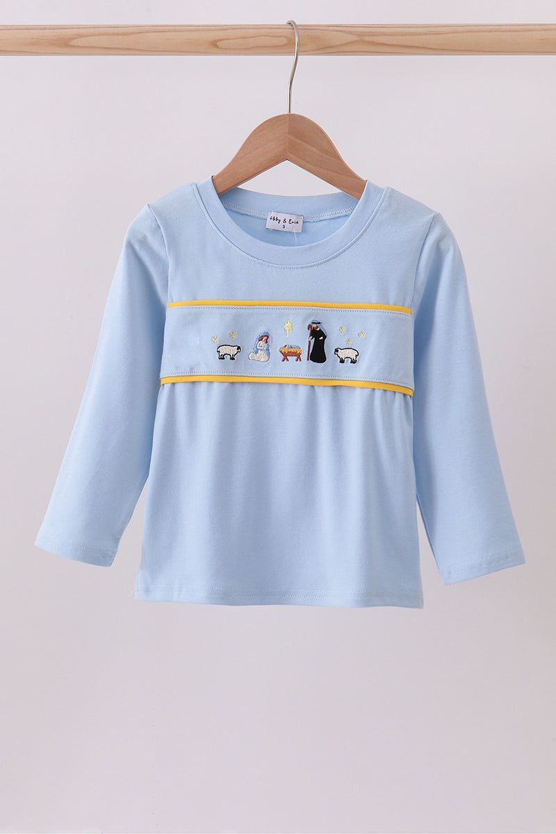 Boys Blue Nativity Embroidery Top