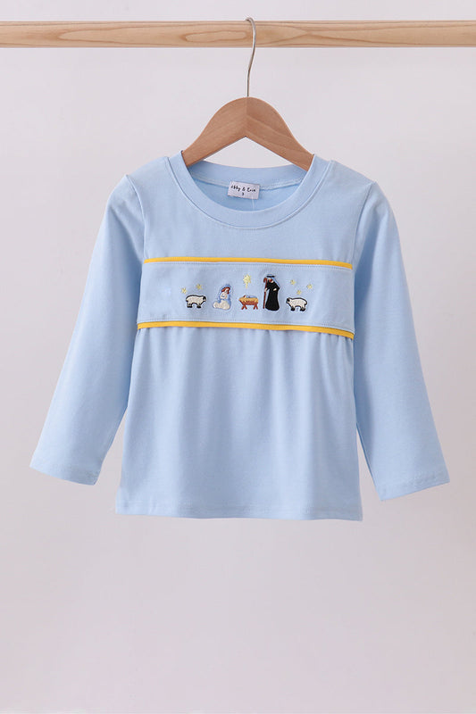 Boys Blue Nativity Embroidery Top