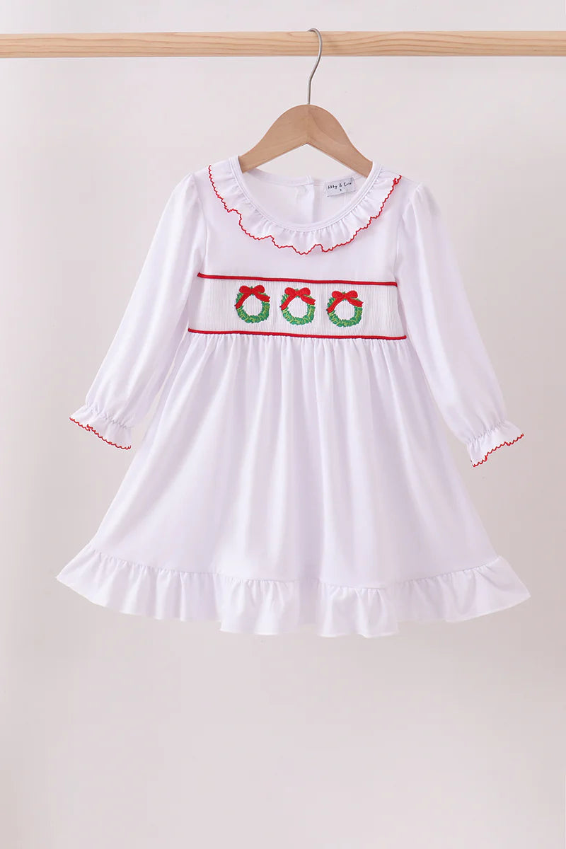 Girls White Wreath Smocked Ruffle Dress