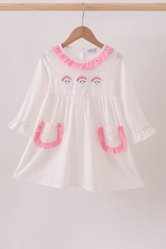Girls Pink Santa Claus Embroidery Ruffle Dress