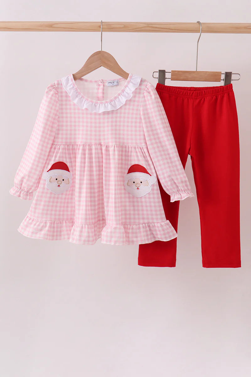 Girls Red Santa Claus Appliqué Ruffle Pants Set