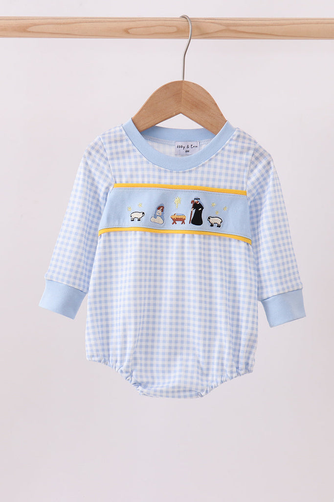 Girls Blue Nativity Embroidery Bubble