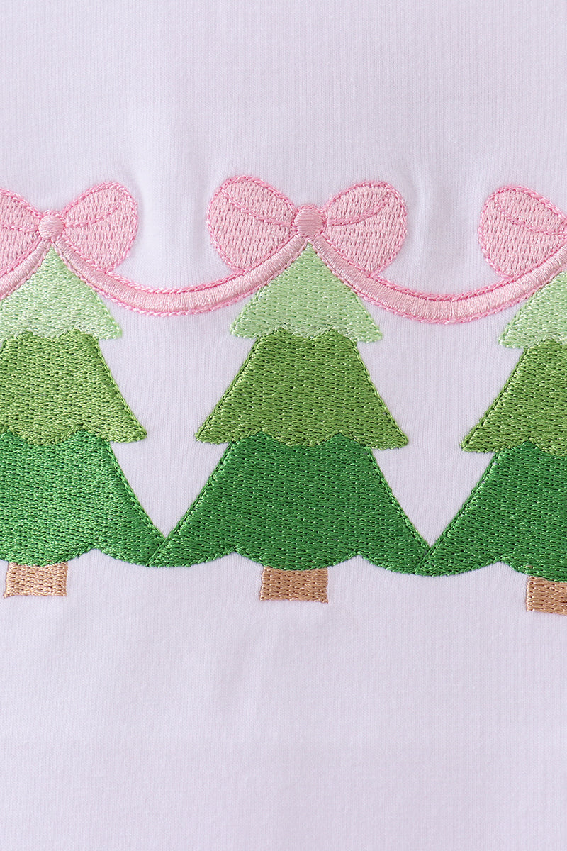 Girls Pink Christmas Tree Embroidery Pants Set