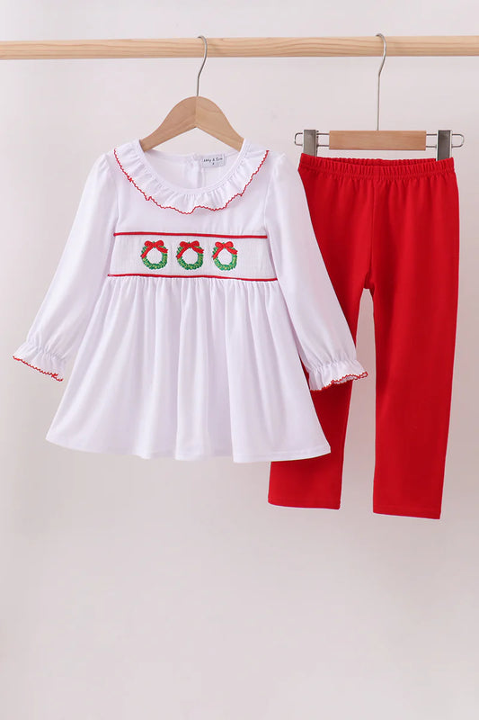 Girls White Wreath Smocked Ruffle Pants Set