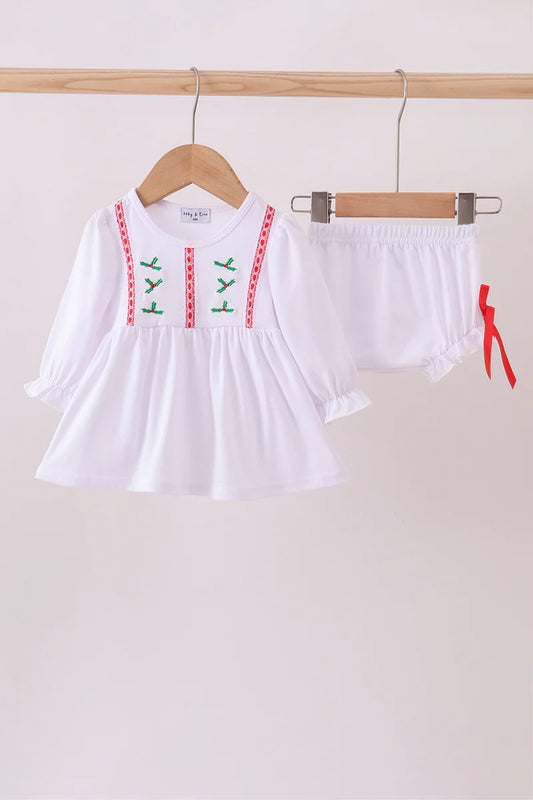 Girls White Holly Embroidery Bloomer Set