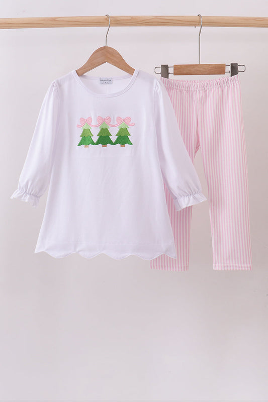 Girls Pink Christmas Tree Embroidery Pants Set