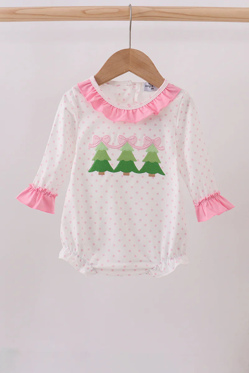 Girls Pink Christmas Tree Embroidery Ruffle Bubble