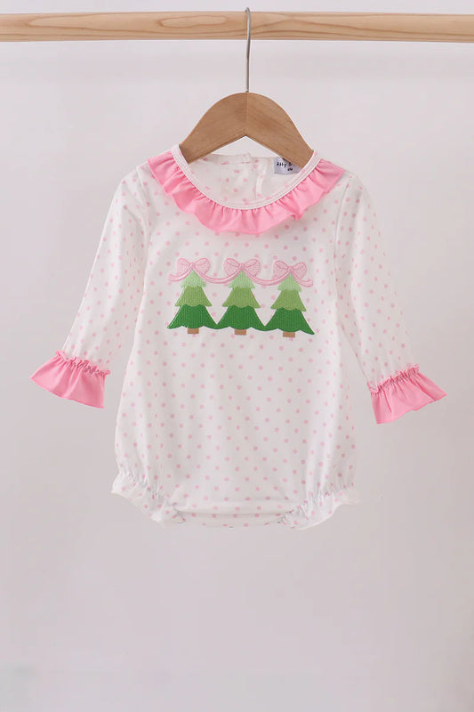 Girls Pink Christmas Tree Embroidery Ruffle Bubble