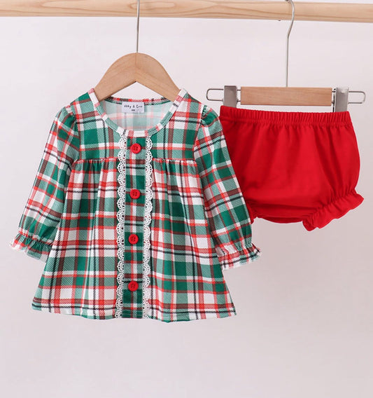 Girls Green Plaid Ruffle Bloomer Set