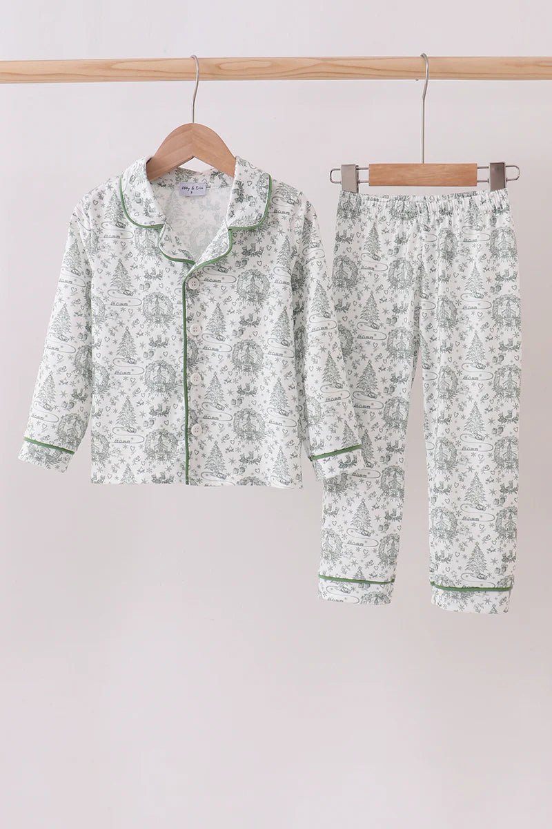 Girls Green Christmas Tree Print Pajama Set